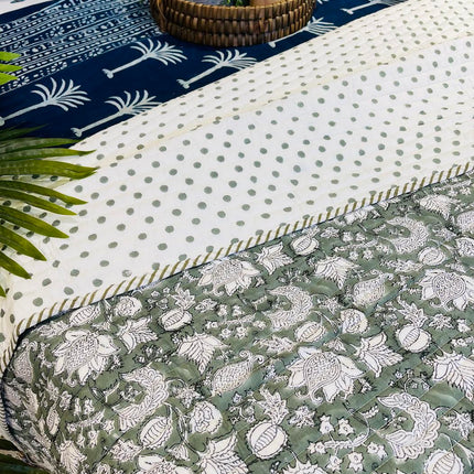Cotton Bedcover/Bedspread/Quilt - Sage Floral Hand block printed Bedcover