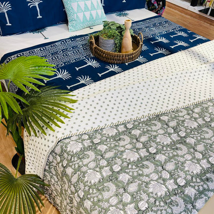 Cotton Bedcover/Bedspread/Quilt - Sage Floral Hand block printed Bedcover