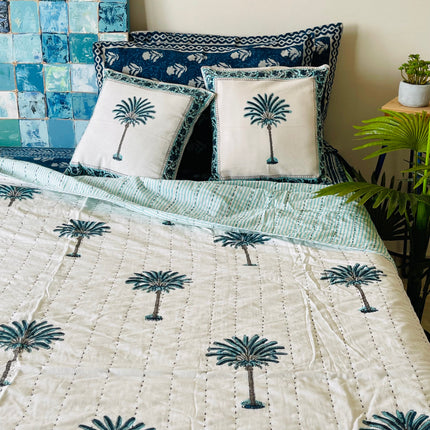 Cotton Kantha summer quilt/ Bedspread/ Coverlet/Throw/Blanket - Fresh Blue Palm Tree Hand block printed Kantha Quilt