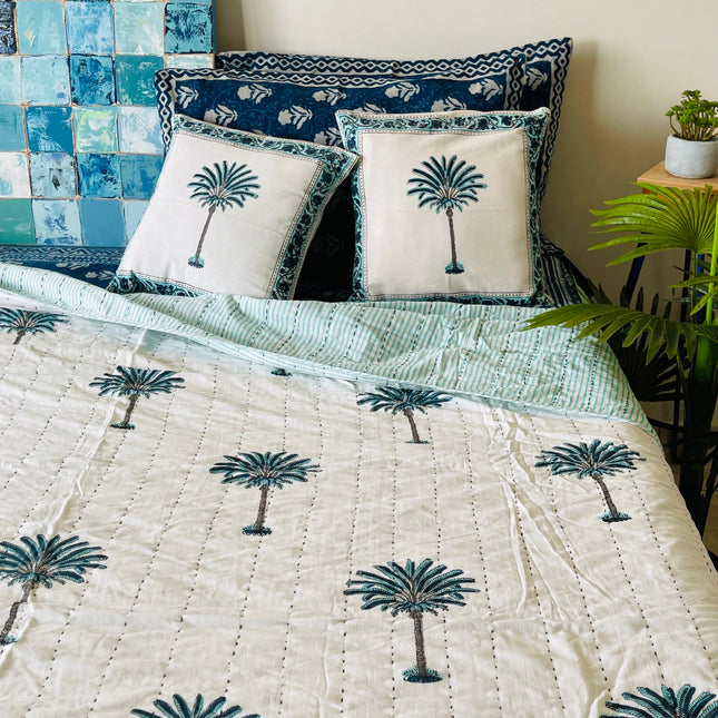 Cotton Kantha summer quilt/ Bedspread/ Coverlet/Throw/Blanket - Fresh Blue Palm Tree Hand block printed Kantha Quilt