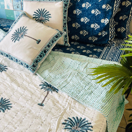 Cotton Kantha summer quilt/ Bedspread/ Coverlet/Throw/Blanket - Fresh Blue Palm Tree Hand block printed Kantha Quilt