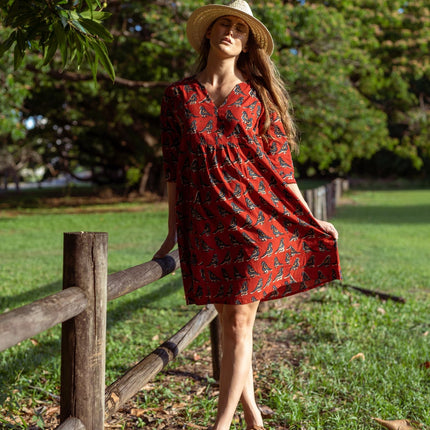 Cotton Midi Dress - Inayat Red Bird Midi Dress (Hand block print)