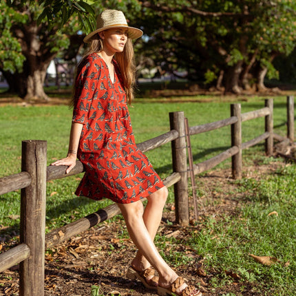 Cotton Midi Dress - Inayat Red Bird Midi Dress (Hand block print)