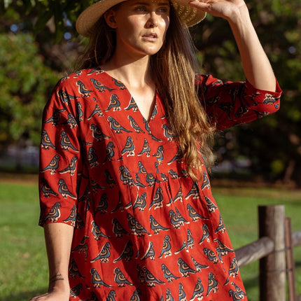Cotton Midi Dress - Inayat Red Bird Midi Dress (Hand block print)