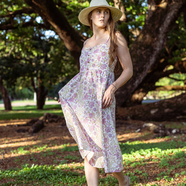 Cotton Dress - Inayat Floral Strappy Fitted Dress (Hand block print)