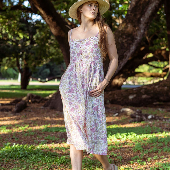 Cotton Dress - Inayat Floral Strappy Fitted Dress (Hand block print)