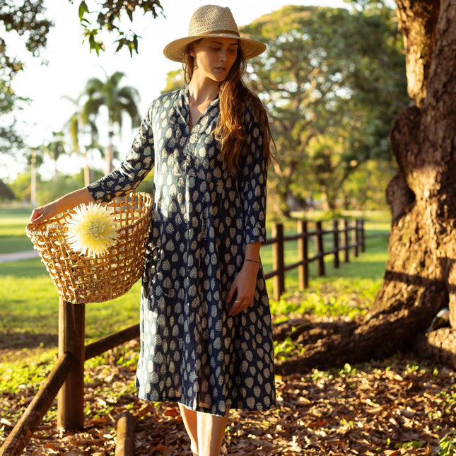 Cotton Midi Dress - Inayat Indigo Leaf Print Midi Dress (Hand block print)