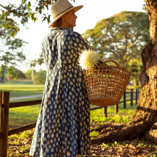 Cotton Midi Dress - Inayat Indigo Leaf Print Midi Dress (Hand block print)