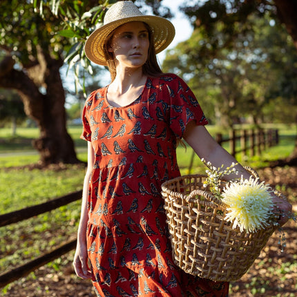 Cotton Dress - Inayat Red Bird print short layered Dress (Hand block print)
