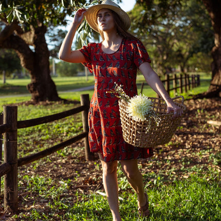 Cotton Dress - Inayat Red Bird print short layered Dress (Hand block print)