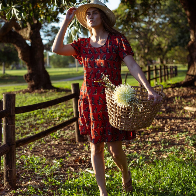 Cotton Dress - Inayat Red Bird print short layered Dress (Hand block print)