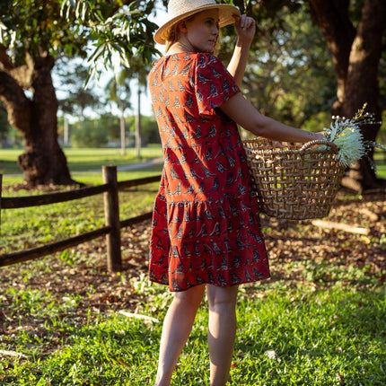 Cotton Dress - Inayat Red Bird print short layered Dress (Hand block print)