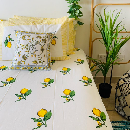 Cotton Bed sheet/Flat sheet - Lemon Hand block Printed Sheet (Queen size)