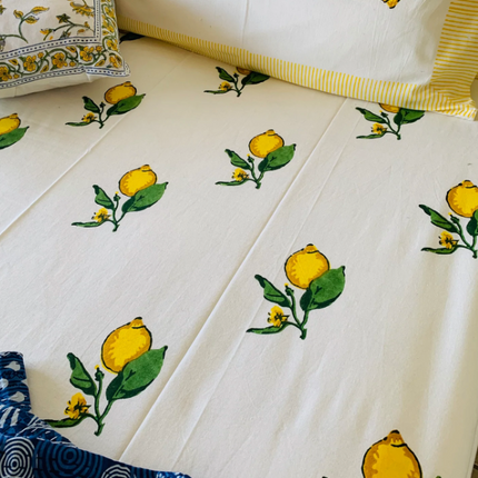 Cotton Bed sheet/Flat sheet - Lemon Hand block Printed Sheet (Queen size)