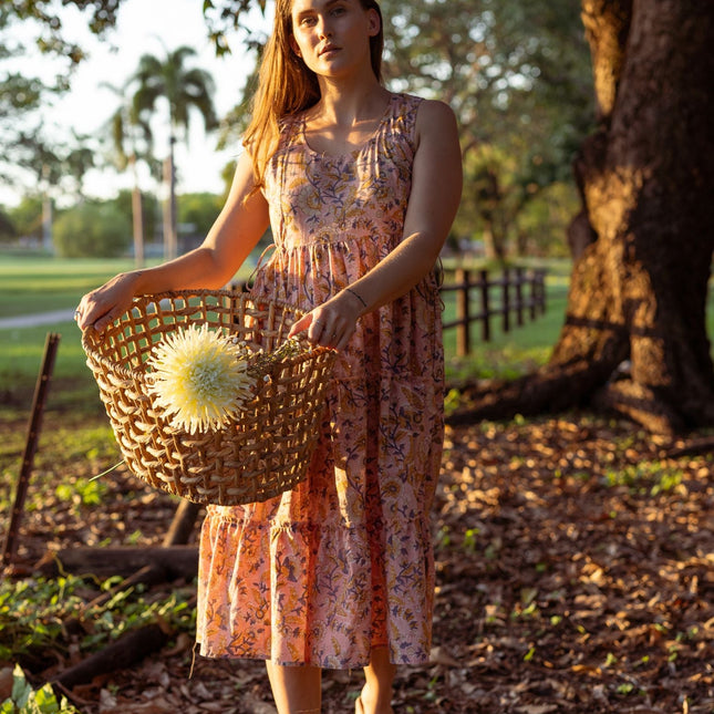 Cotton Midi Dress - Inayat Floral String Midi Dress (Hand block print)