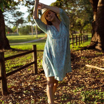 Cotton Midi Dress - Inayat Pastel Cyan Floral Midi Dress (Hand block print)