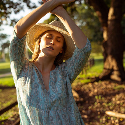 Cotton Midi Dress - Inayat Pastel Cyan Floral Midi Dress (Hand block print)