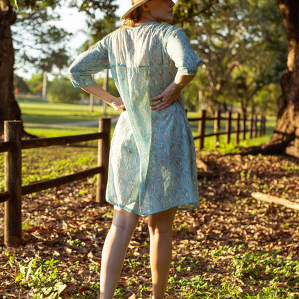 Cotton Midi Dress - Inayat Pastel Cyan Floral Midi Dress (Hand block print)