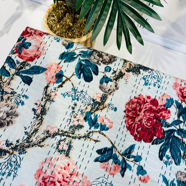 Cotton Kantha Quilt/ Bedspread/ Coverlet/ Throw - Royal Floral Hand stitched Kantha