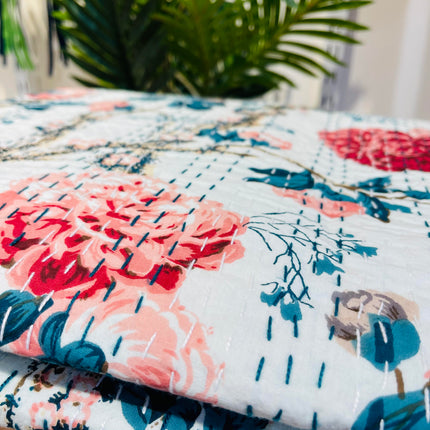 Cotton Kantha Quilt/ Bedspread/ Coverlet/ Throw - Royal Floral Hand stitched Kantha