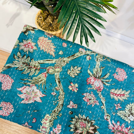 Cotton Kantha Quilt/Bedspread/Coverlet/Throw- Royal Green Floral Hand stitched Kantha Quilt