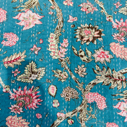 Cotton Kantha Quilt/Bedspread/Coverlet/Throw- Royal Green Floral Hand stitched Kantha Quilt