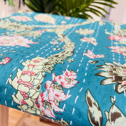 Cotton Kantha Quilt/Bedspread/Coverlet/Throw- Royal Green Floral Hand stitched Kantha Quilt