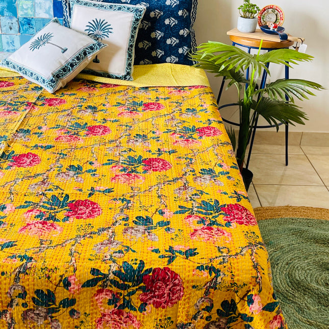 Cotton Kantha Quilt/Bedspread/Coverlet/Throw - Royal Yellow Floral Hand stitched Kantha Quilt