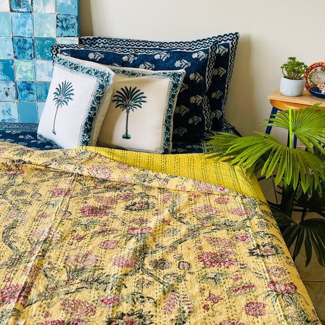 Cotton Kantha Quilt/ Bedspread/ Coverlet/ Throw - Pastel yellow floral hand stitched Kantha