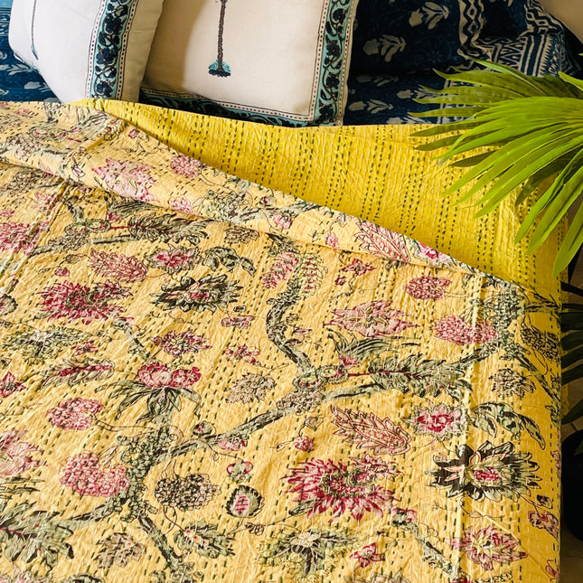 Cotton Kantha Quilt/ Bedspread/ Coverlet/ Throw - Pastel yellow floral hand stitched Kantha