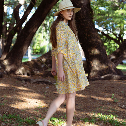 Cotton Midi Dress - Inayat Yellow Floral Midi Dress (Hand block print)
