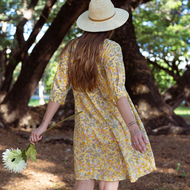 Cotton Midi Dress - Inayat Yellow Floral Midi Dress (Hand block print)