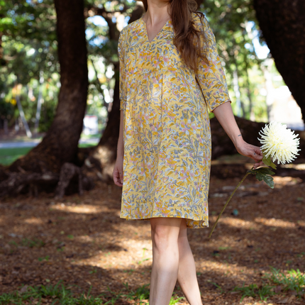 Cotton Midi Dress - Inayat Yellow Floral Midi Dress (Hand block print)