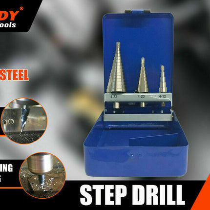3Pc Step Cone Drill HSS Steel Titanium Bits Set Hole Cutting + Case 4-12/20/32mm