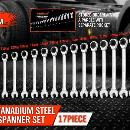 17Pc Ratchet Spanner Set Metric Combination Wrenches Open End Ring CR-V 8-24mm