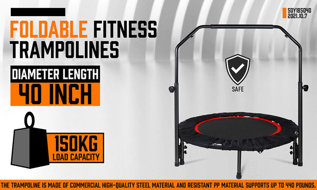 40" Mini Fitness Trampoline Gym Rebounder Handrail 4-Level Height Foam Handle