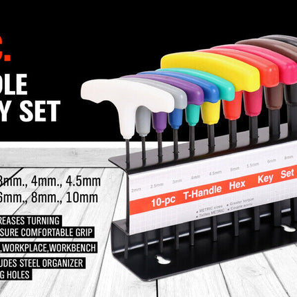 10-Piece T-Handle Hex Key Set, Allen Wrench Metric Sizes 2mm-10mm, Heat-Treated Steel with Color-Code Organizer Stand
