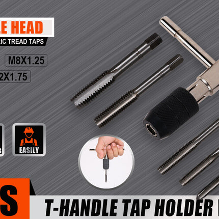 6Pc Tap Wrench Set T-Handle Screw Thread Taper M6 - M12 HSS Repair Heavy Duty