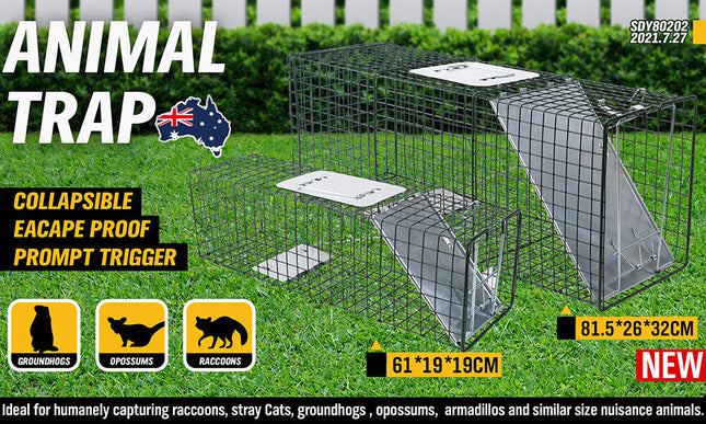 2 Size Animal Trap Cage Humane Live Steel Catch Possum Fox Rat Cat Rabbit Bird