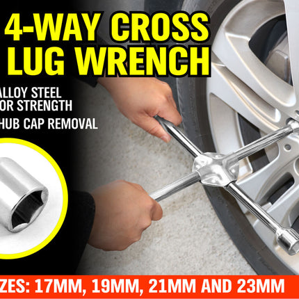 14" Wheel Brace Spanner 4-way Cross Wrench Car Tyre Nut 17 19 21 23mm Socket