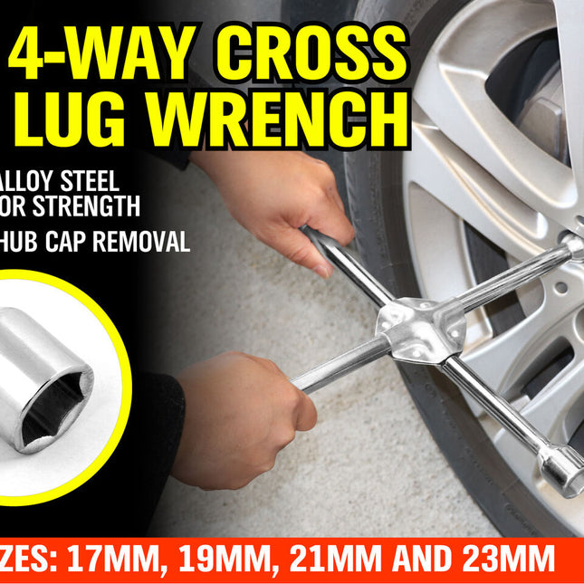 14" Wheel Brace Spanner 4-way Cross Wrench Car Tyre Nut 17 19 21 23mm Socket