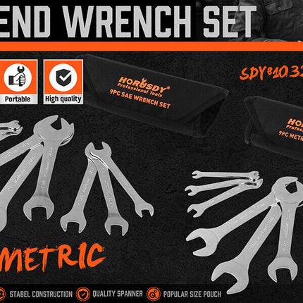 HORUSDY Super Thin 18Pc Wrench Set Open End Spanner 3mm CRV Metric & SAE w Pouch