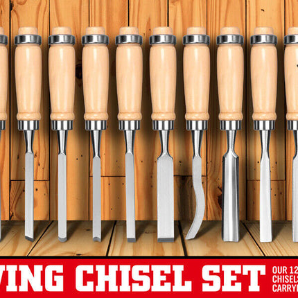 12Pc Wood Carving Chisel Set Knife High Carbon Steel Woodworking Rolling Pouch