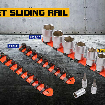 3Pc Mixed Socket Holder Set Storage Rails 1/2" 3/8" 1/4" Drive Grip Organiser