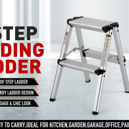 2-Step Portable Folding Ladder, Aluminum Frame Lightweight Home Ladder with Anti Slip Design, 150KG Capacity