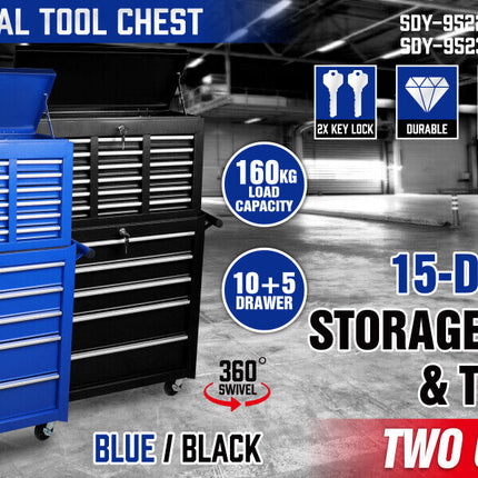 15-Drawer Tool Box Trolley Cabinet - Lockable Storage Cart Garage Toolbox Organizer System