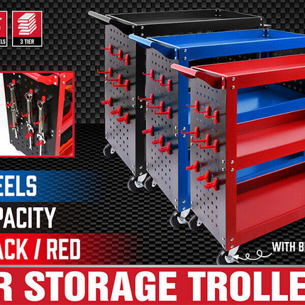 3-Tier Heavy Duty Steel Tool Trolley - Workshop Cart with Pegboard, Hooks and Locking Swivel Casters