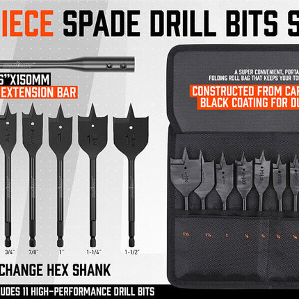 11Pc Spade Drill Bit Set & Extension Flat Wood Boring With Hex Key + Carry Pouch