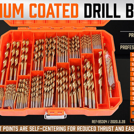 250x Twist Drill Bits Set Titanium Coated HSS for Metal Steel Wood Plastic Alloy