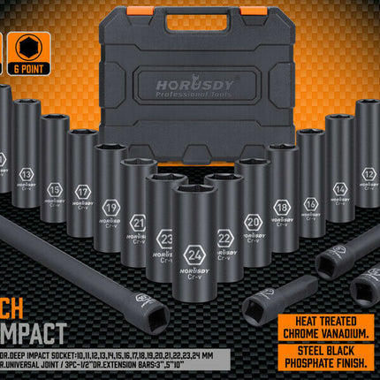 19Pc Deep Socket Set Impact 1/2" Drive Extension Bars Flexible Adapter 10-24mm